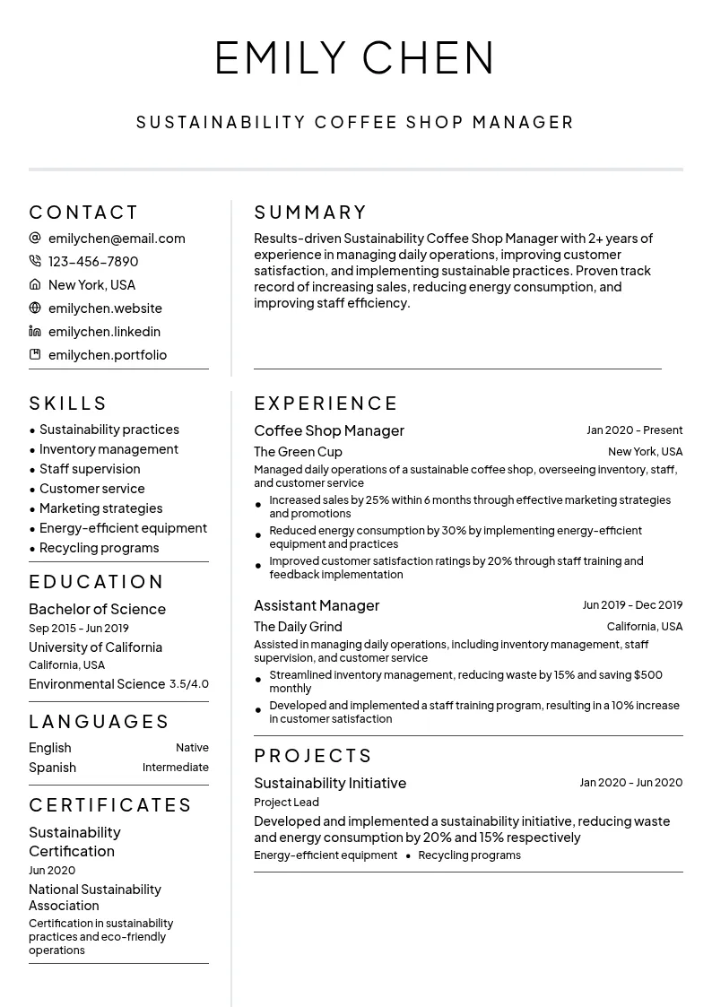 Sustainability Coffee Shop Manager resume example