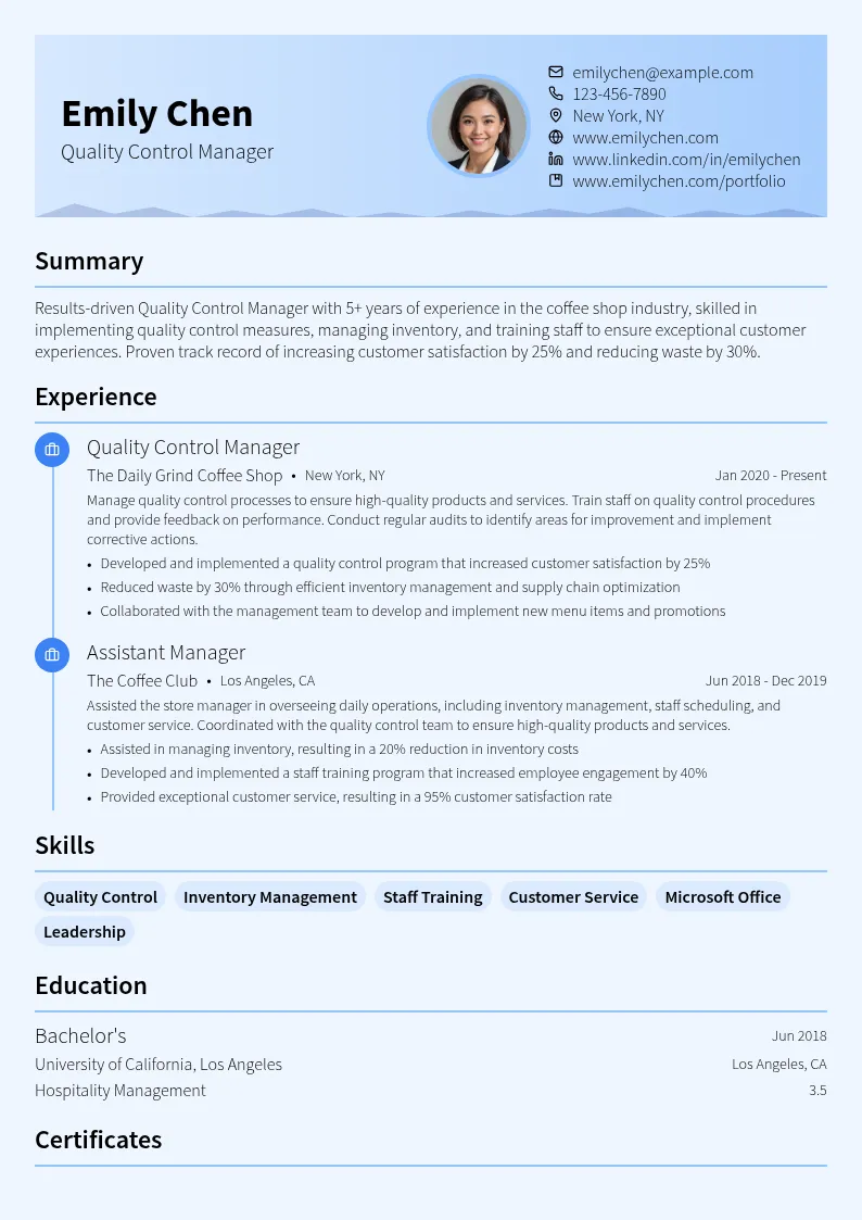 Coffee Shop Quality Control Manager resume example