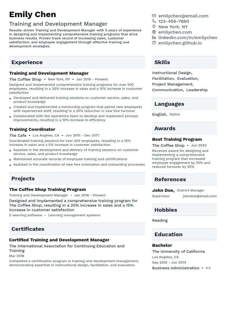 Training and Development Manager resume example