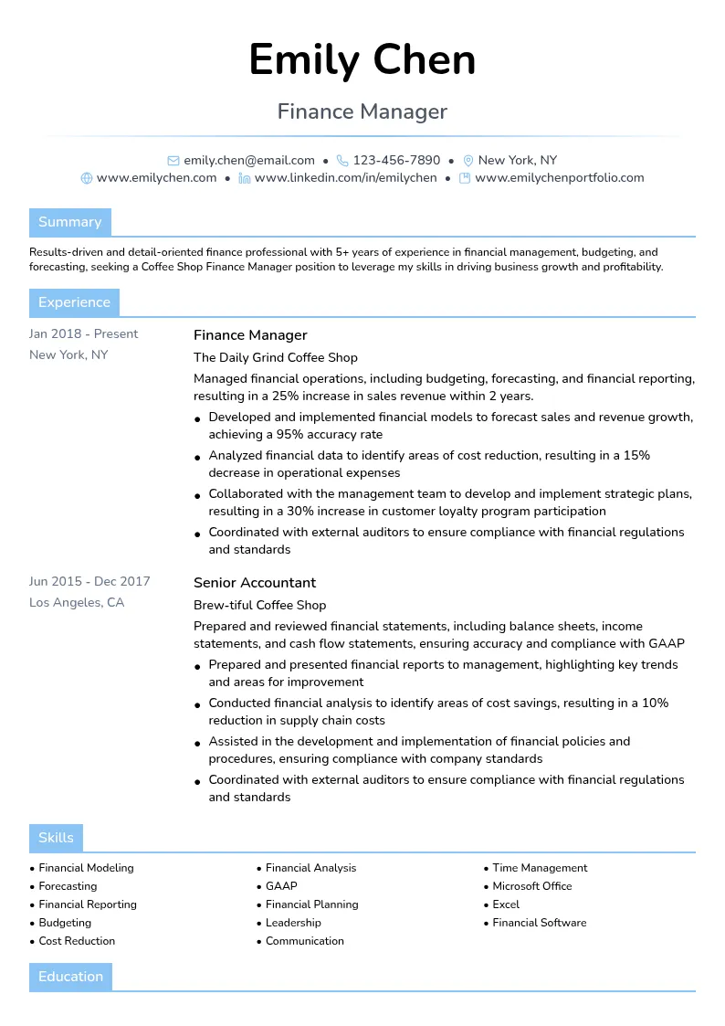 Coffee Shop Finance Manager resume example