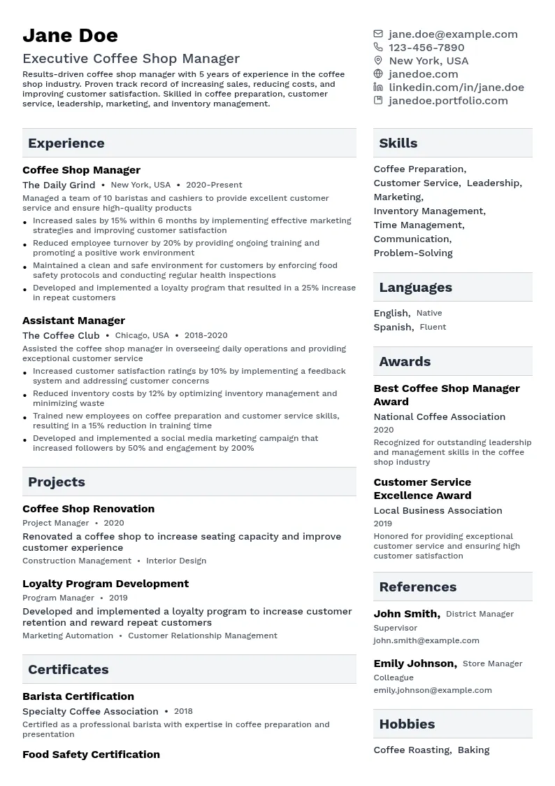 Executive Coffee Shop Manager resume example