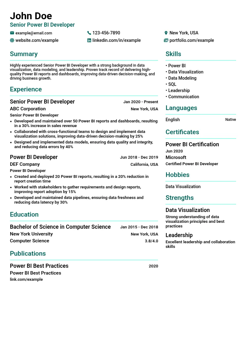 Senior Power BI Developer resume example
