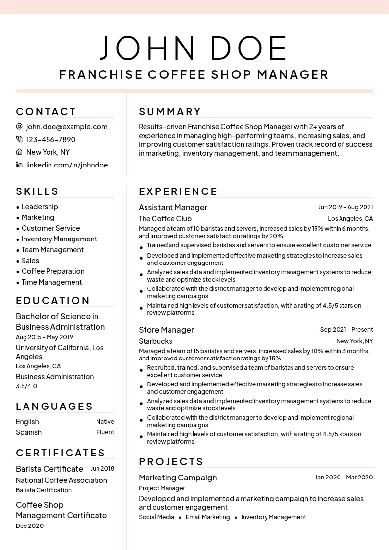 Franchise Coffee Shop Manager resume example
