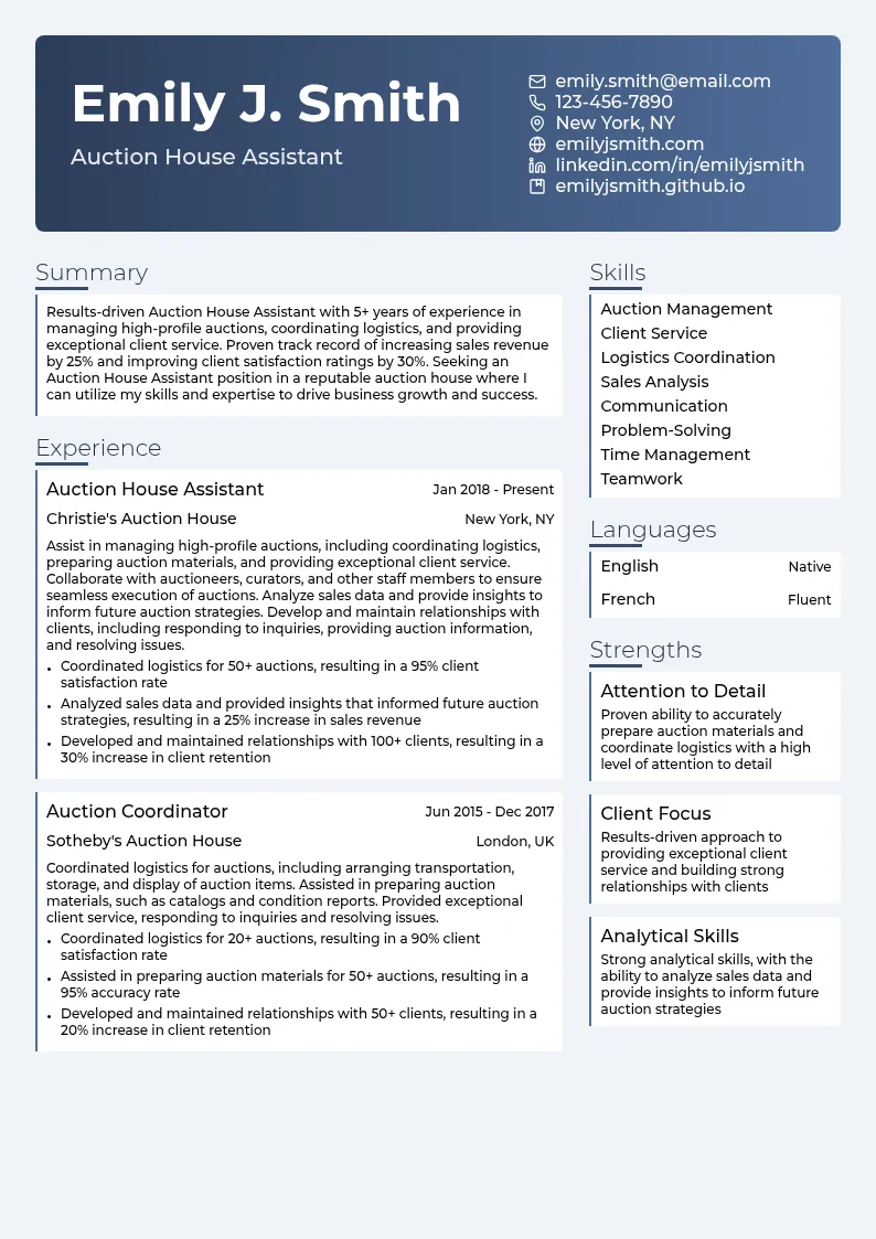 Auction House Assistant resume example