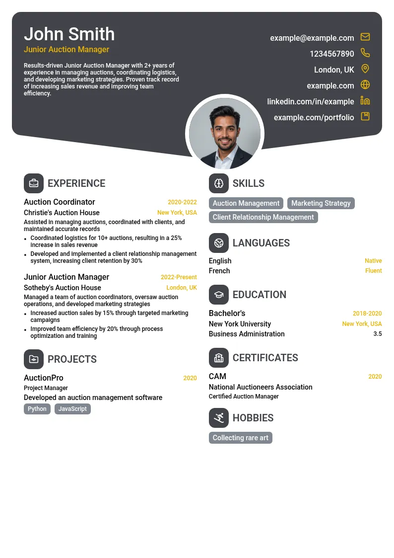 Junior Auction Manager resume example