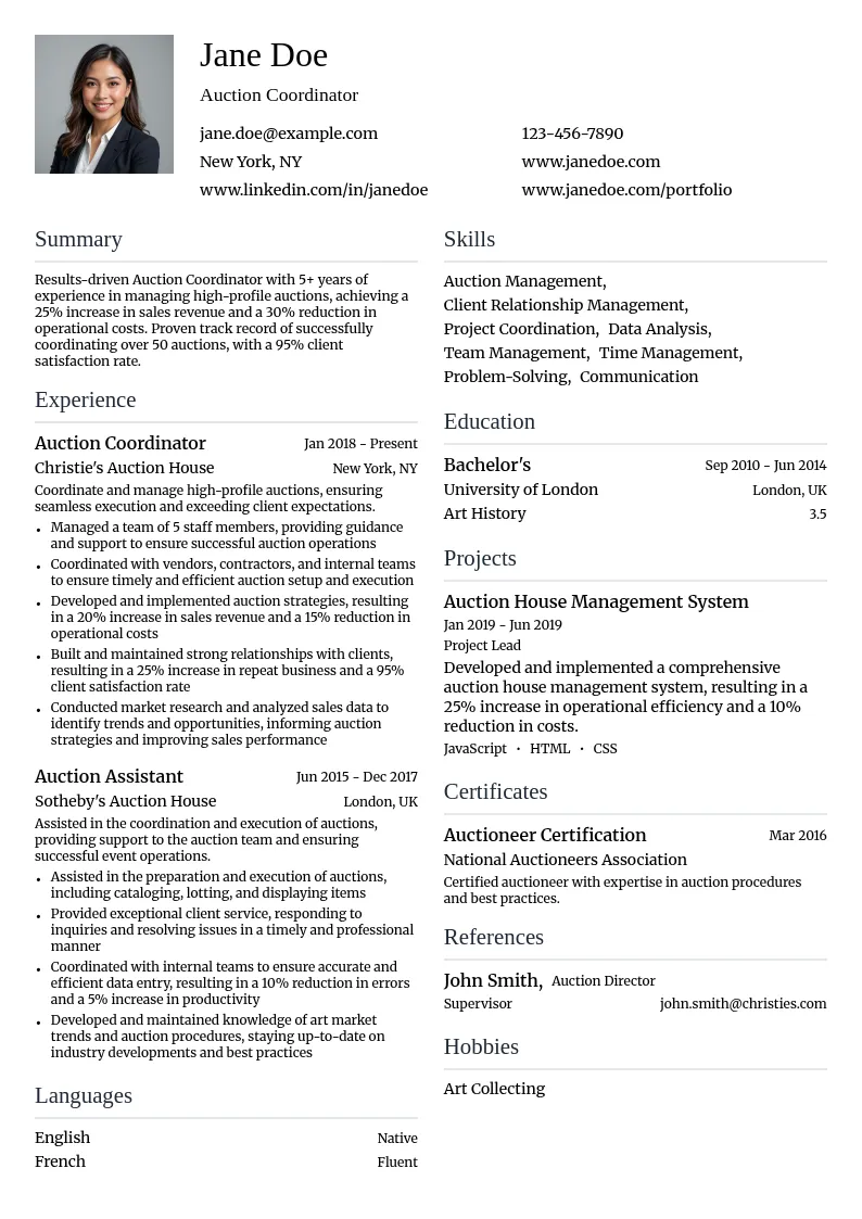 Auction Coordinator resume example