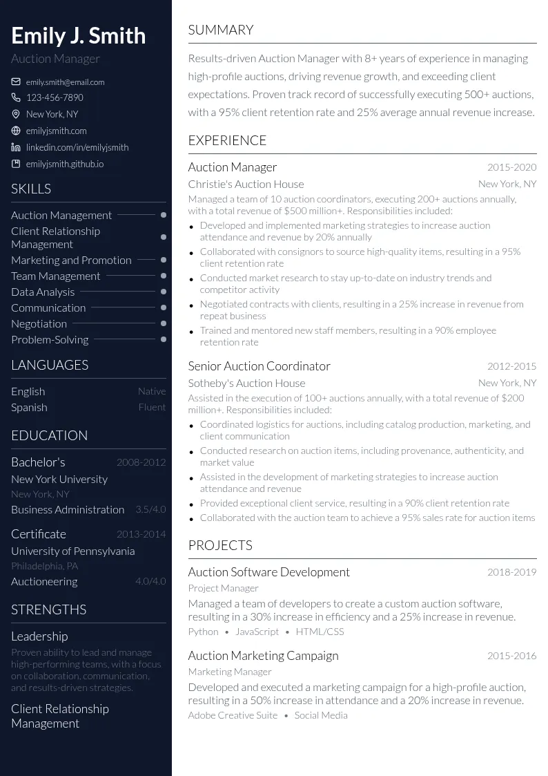Auction Manager resume example