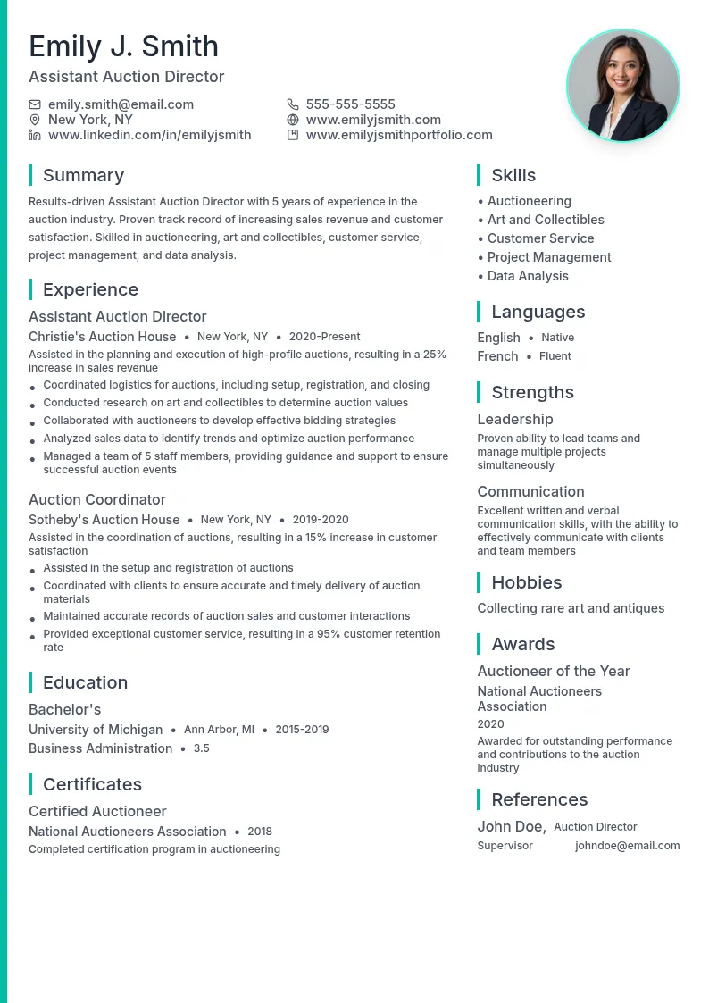 Assistant Auction Director resume example