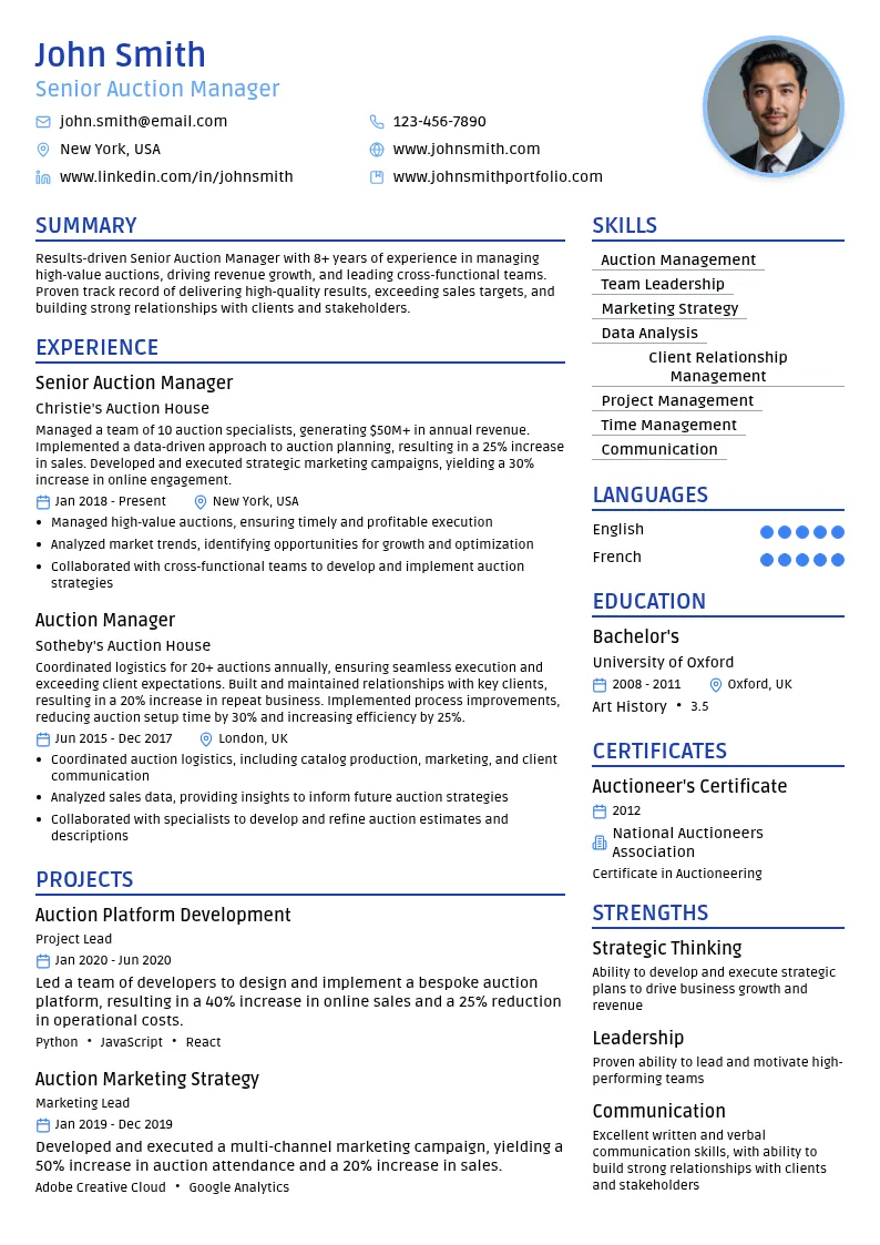 Senior Auction Manager resume example