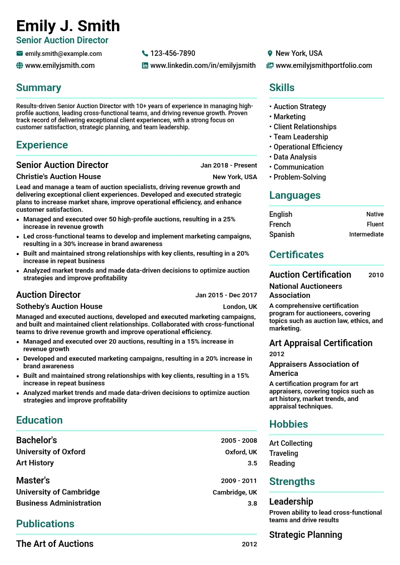 Senior Auction Director resume example