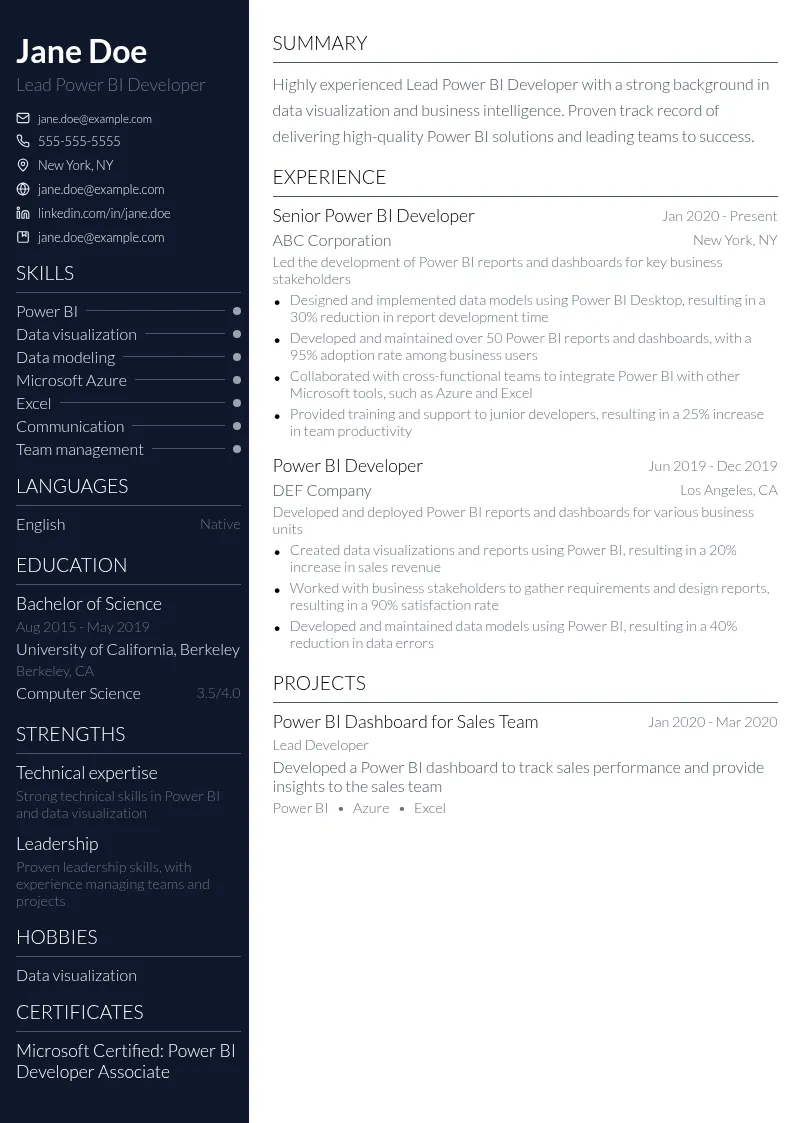 Lead Power BI Developer resume example
