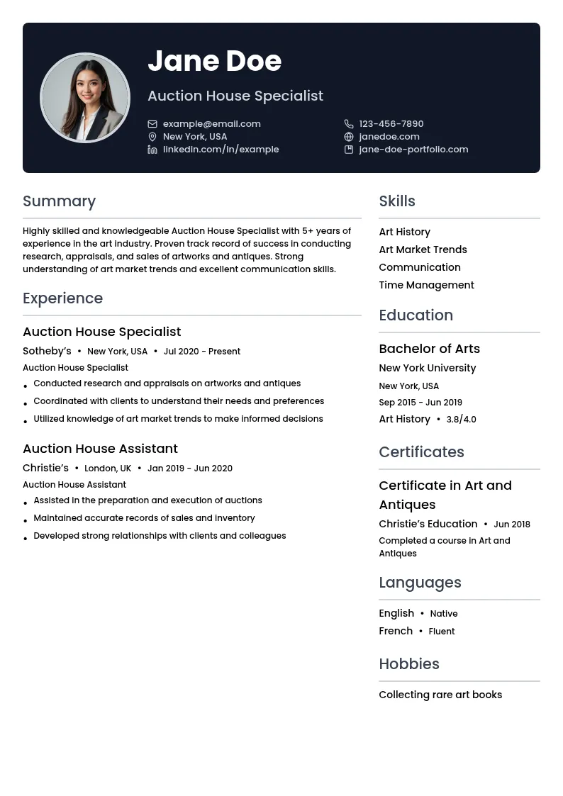 Auction House Specialist resume example