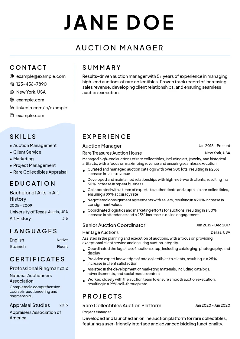 Rare Collectibles Auction Manager resume example