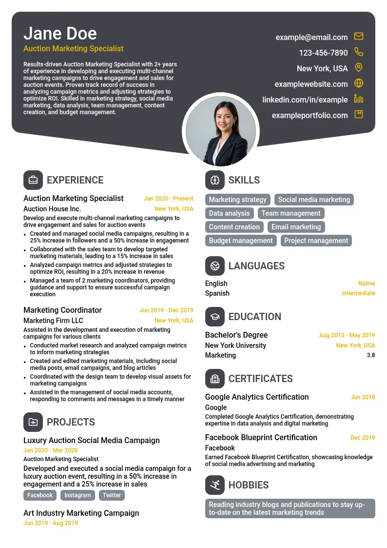 Auction Marketing Specialist resume example