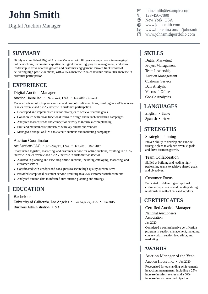 Digital Auction Manager resume example