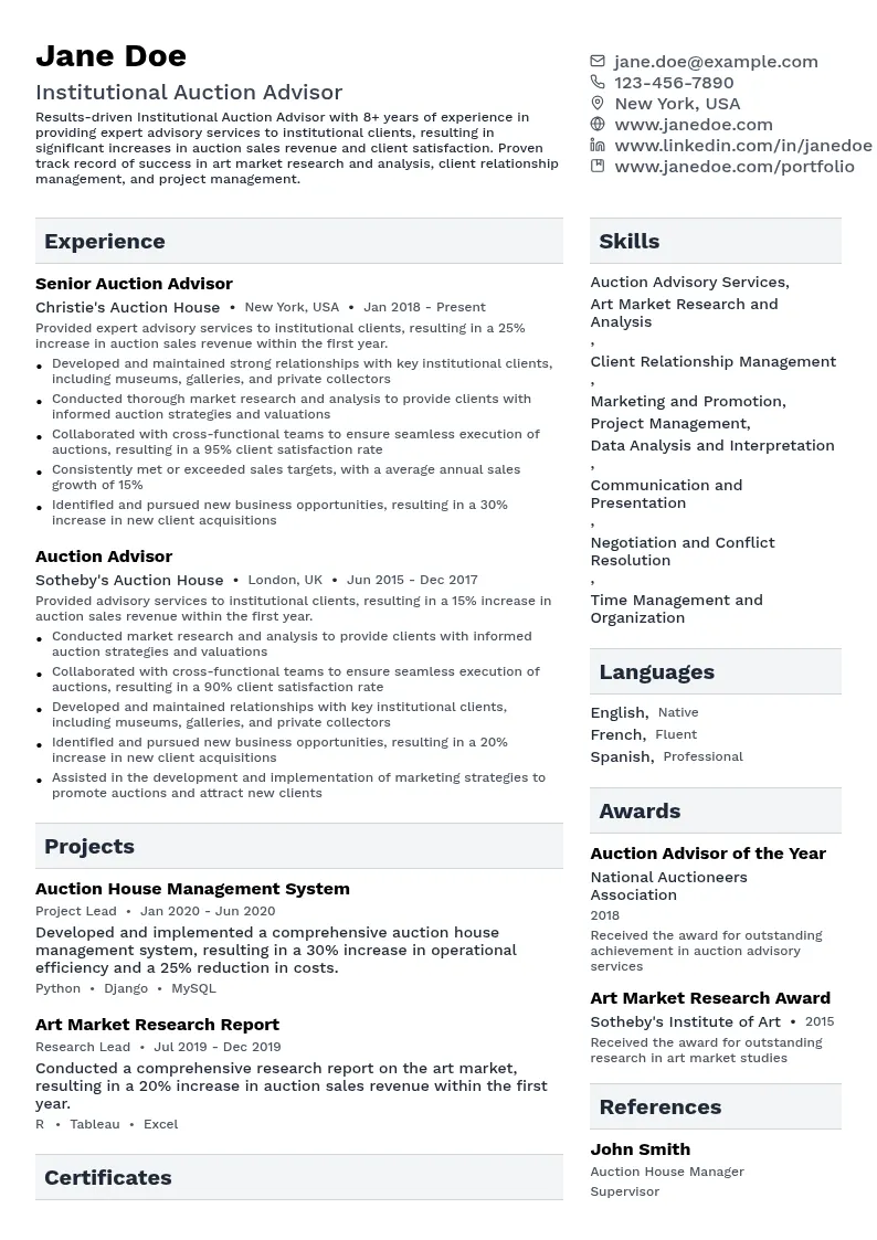 Institutional Auction Advisor resume example