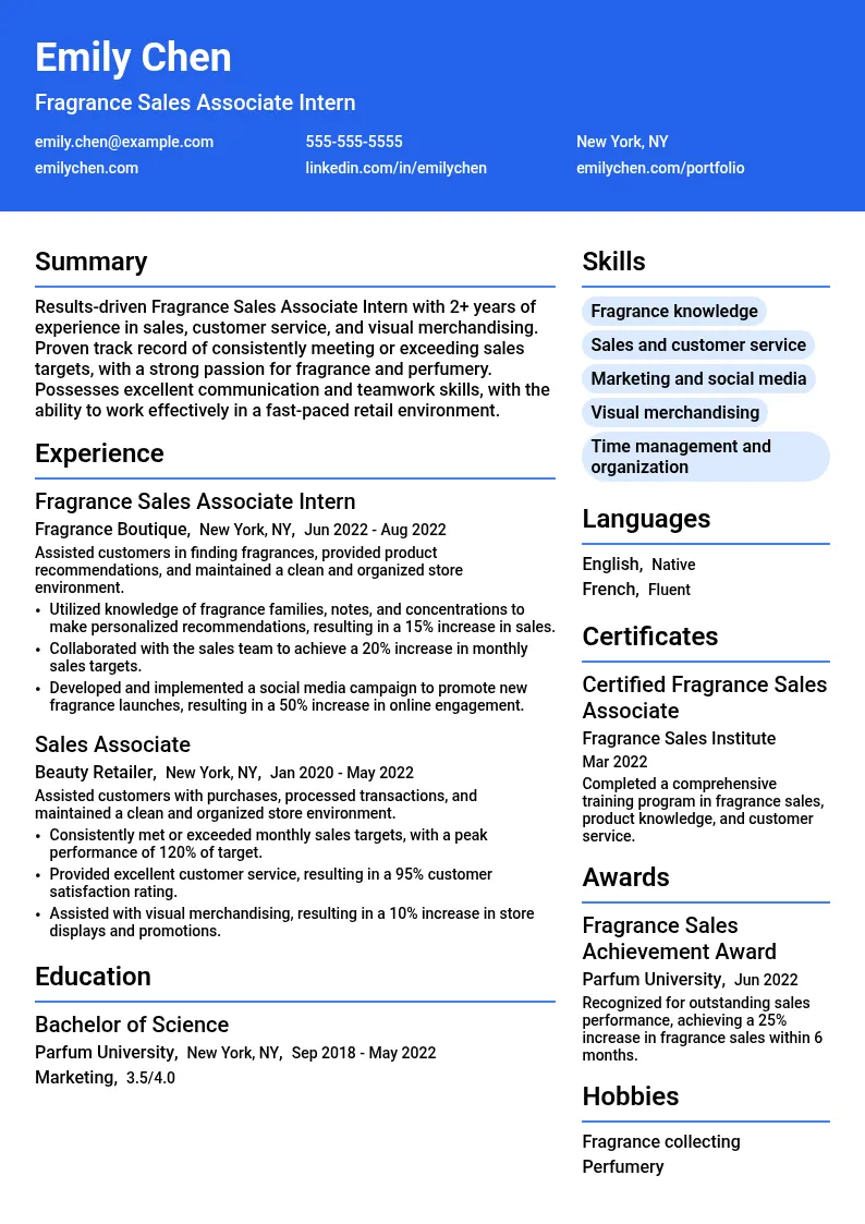 Fragrance Sales Associate Intern resume example
