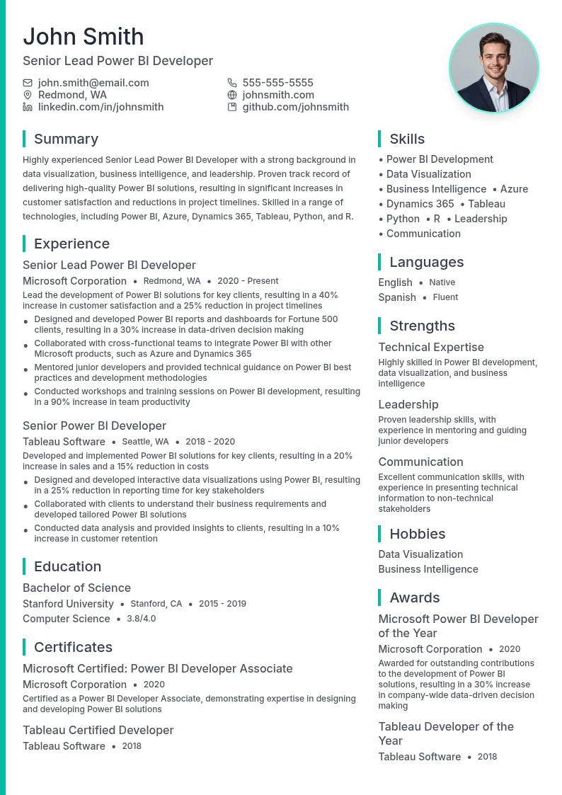 Senior Lead Power BI Developer resume example