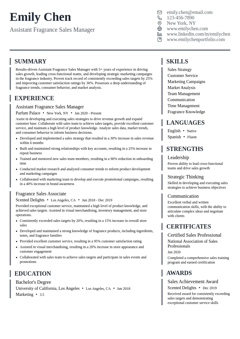 Assistant Fragrance Sales Manager resume example