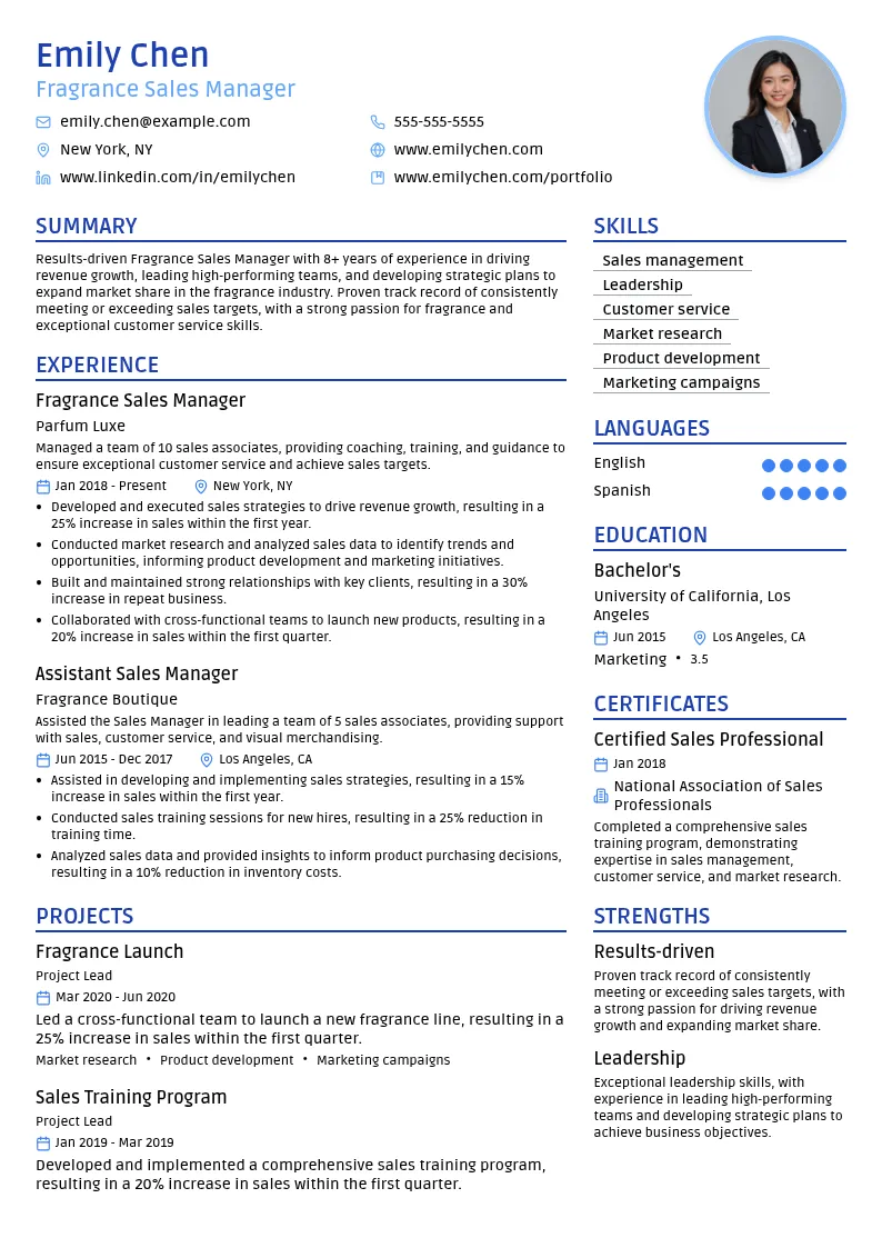 Fragrance Sales Manager resume example