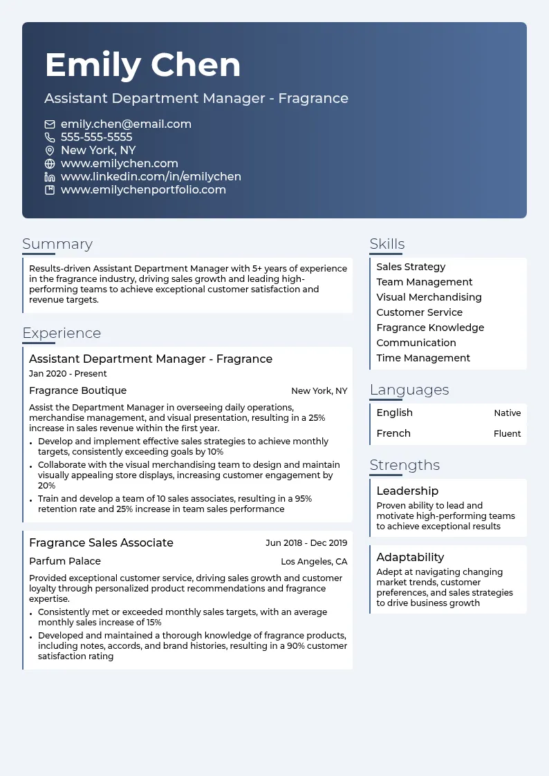 Assistant Department Manager - Fragrance resume example