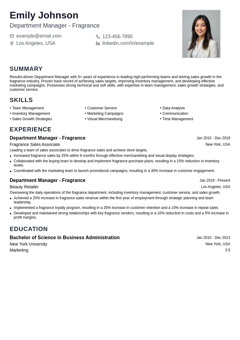 Department Manager - Fragrance resume example