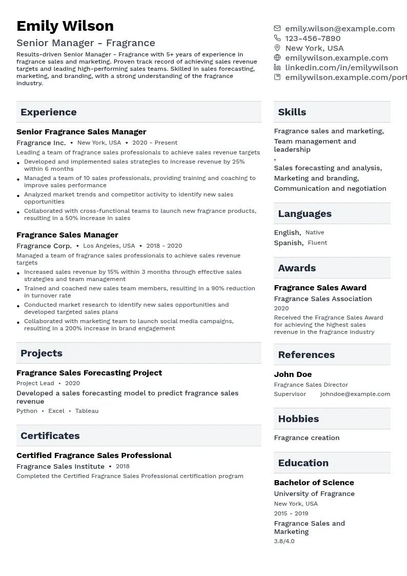 Senior Manager - Fragrance resume example