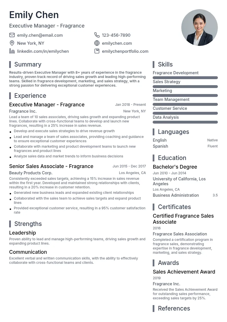 Executive Manager - Fragrance resume example