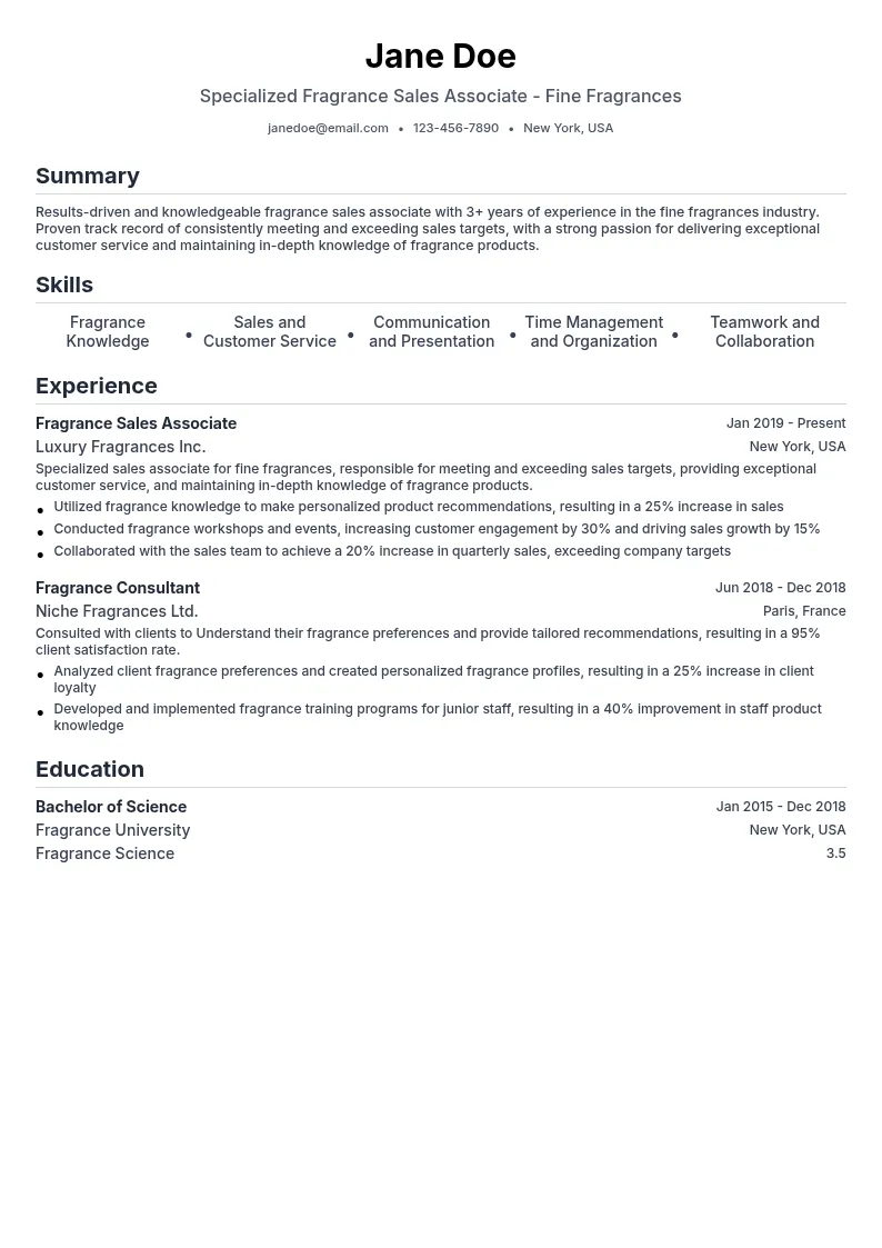 Specialized Fragrance Sales Associate - Fine Fragrances resume example