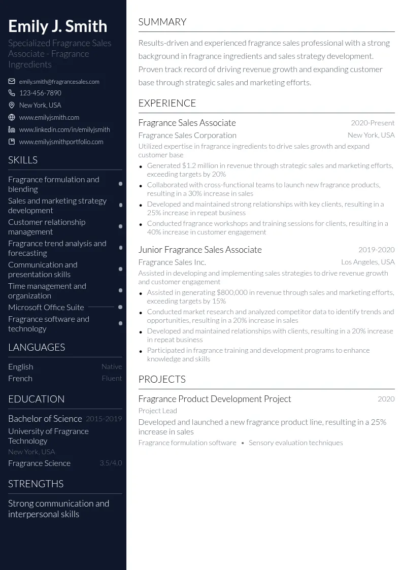 Specialized Fragrance Sales Associate - Fragrance Ingredients resume example