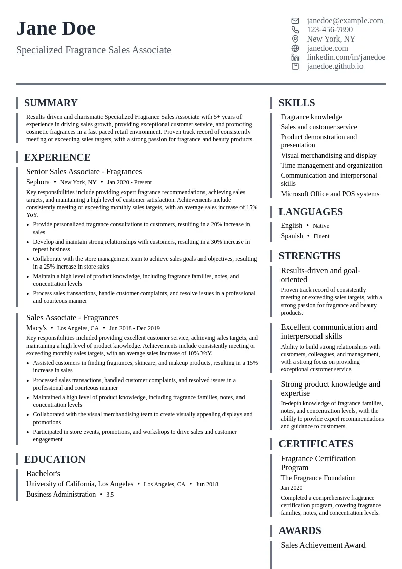 Specialized Fragrance Sales Associate - Cosmetic Fragrances resume example