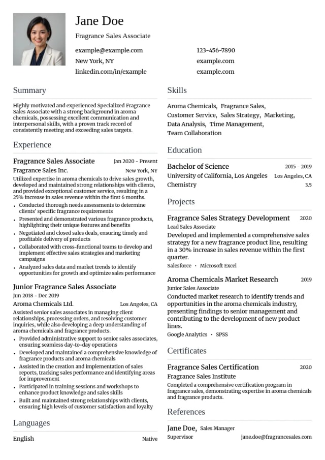Specialized Fragrance Sales Associate - Aroma Chemicals resume example