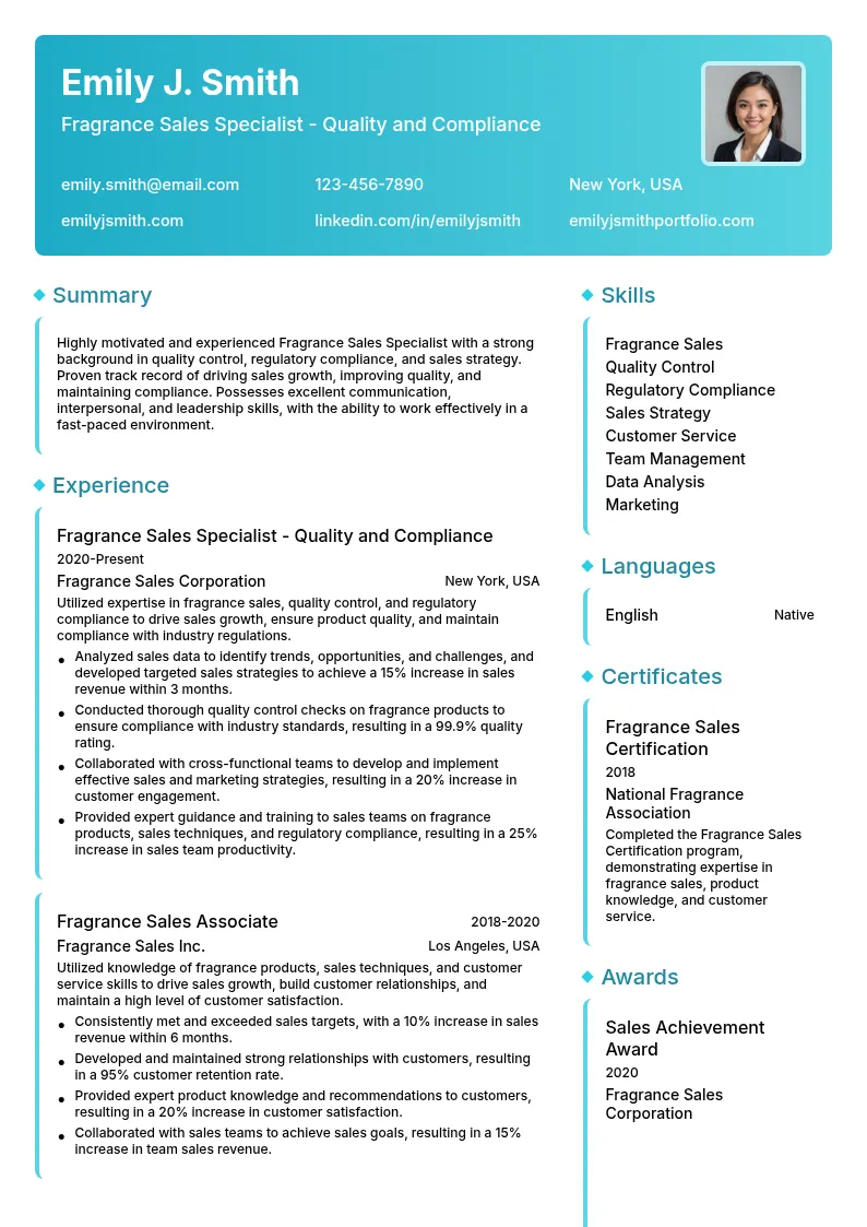 Fragrance Sales Specialist - Quality and Compliance resume example