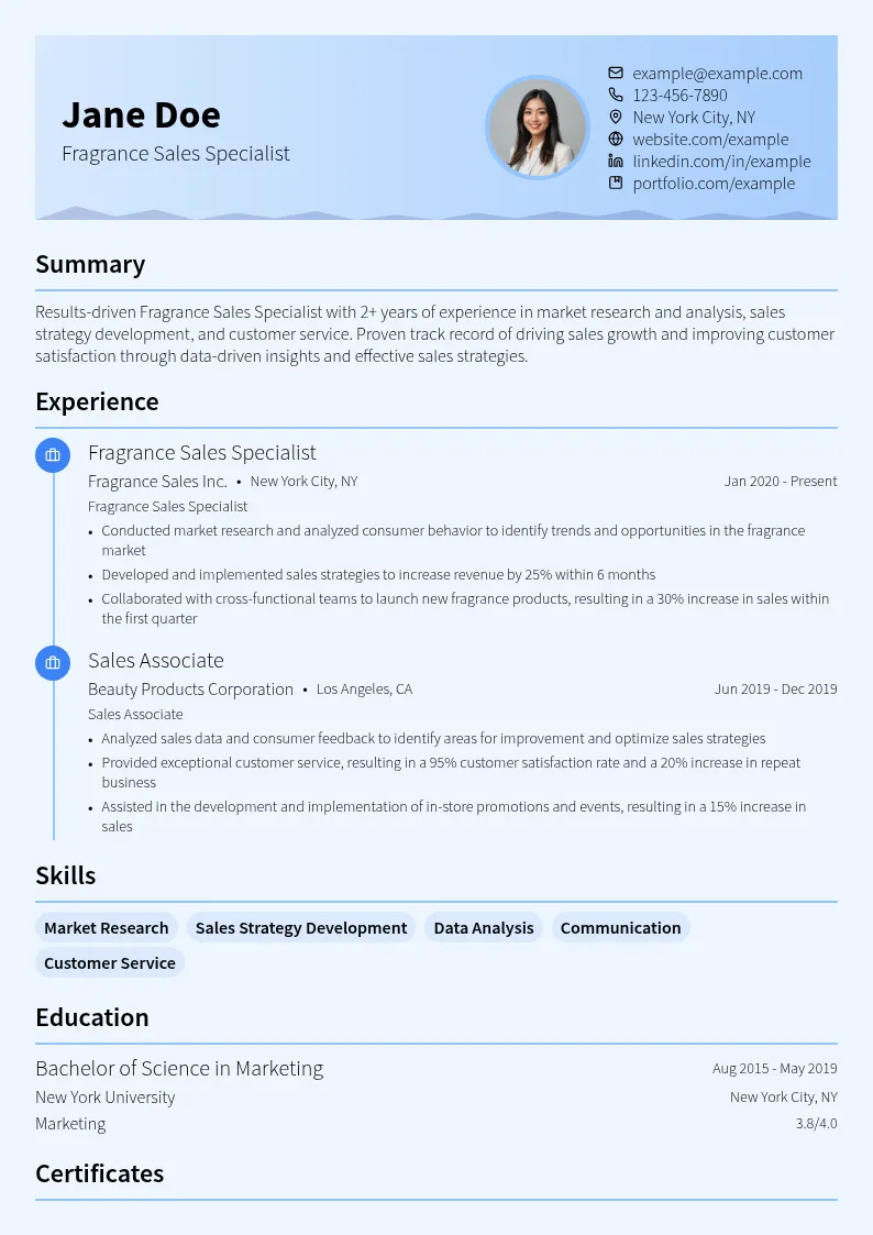 Fragrance Sales Specialist - Market Research and Analysis resume example