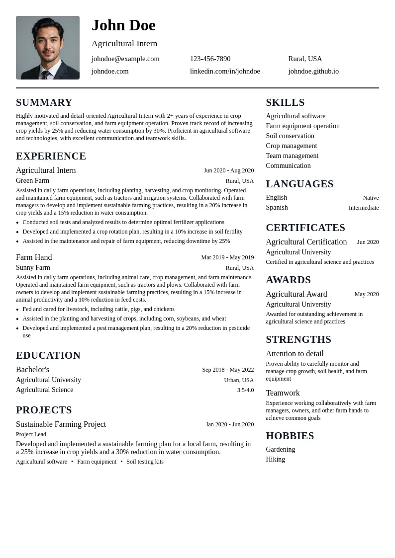 Agricultural Intern resume example