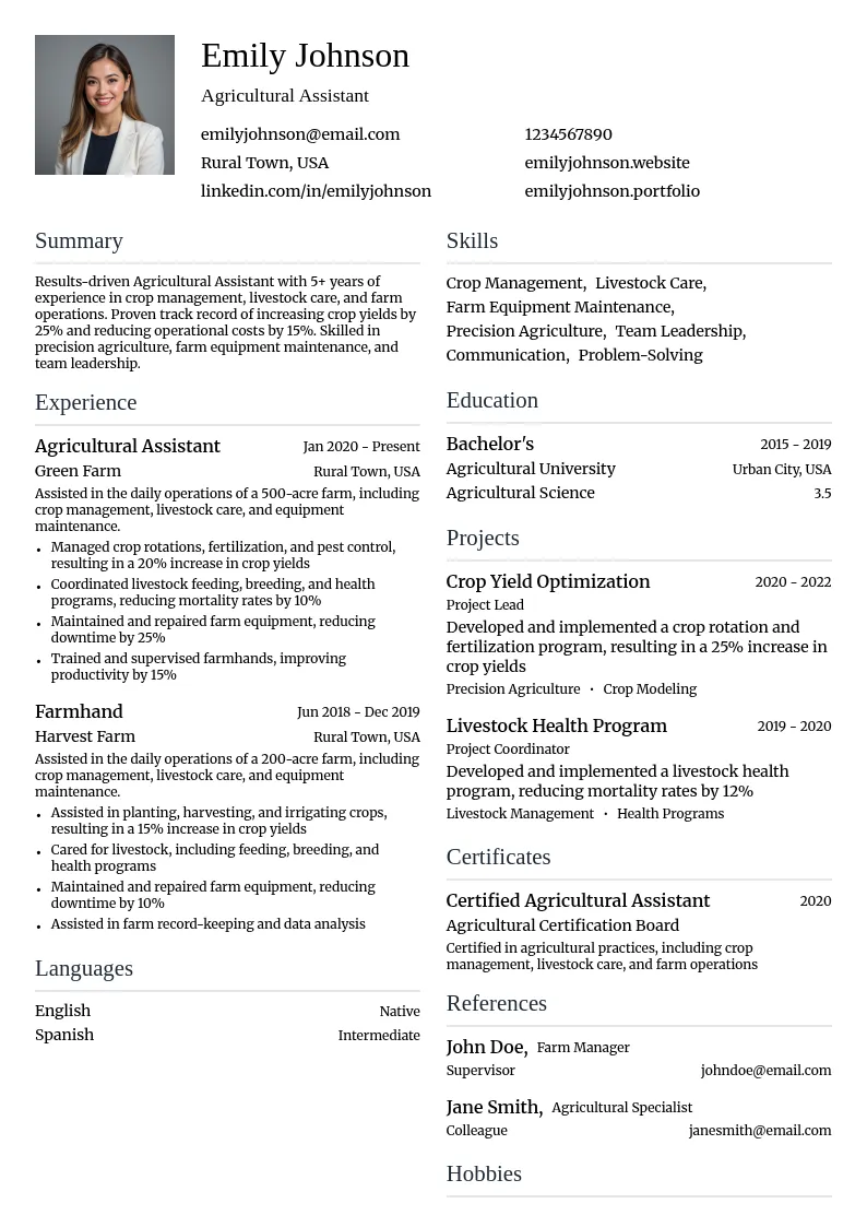 Agricultural Assistant resume example