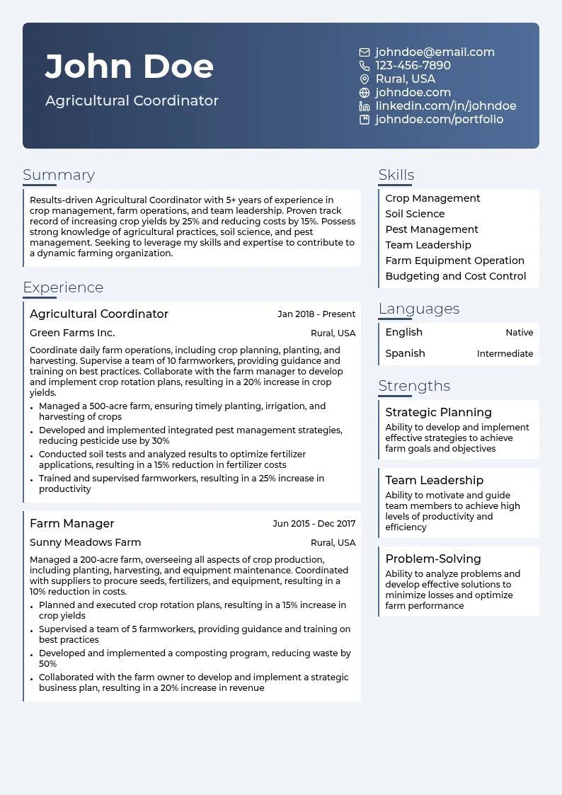 Agricultural Coordinator resume example