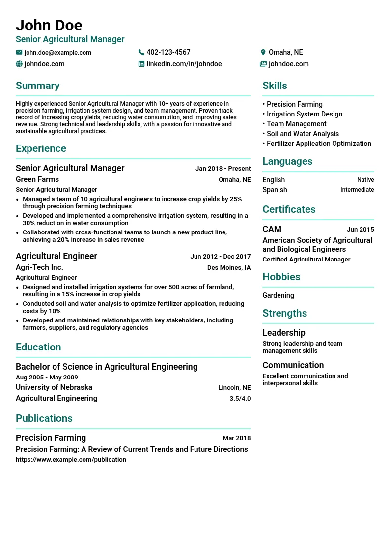Senior Agricultural Manager resume example