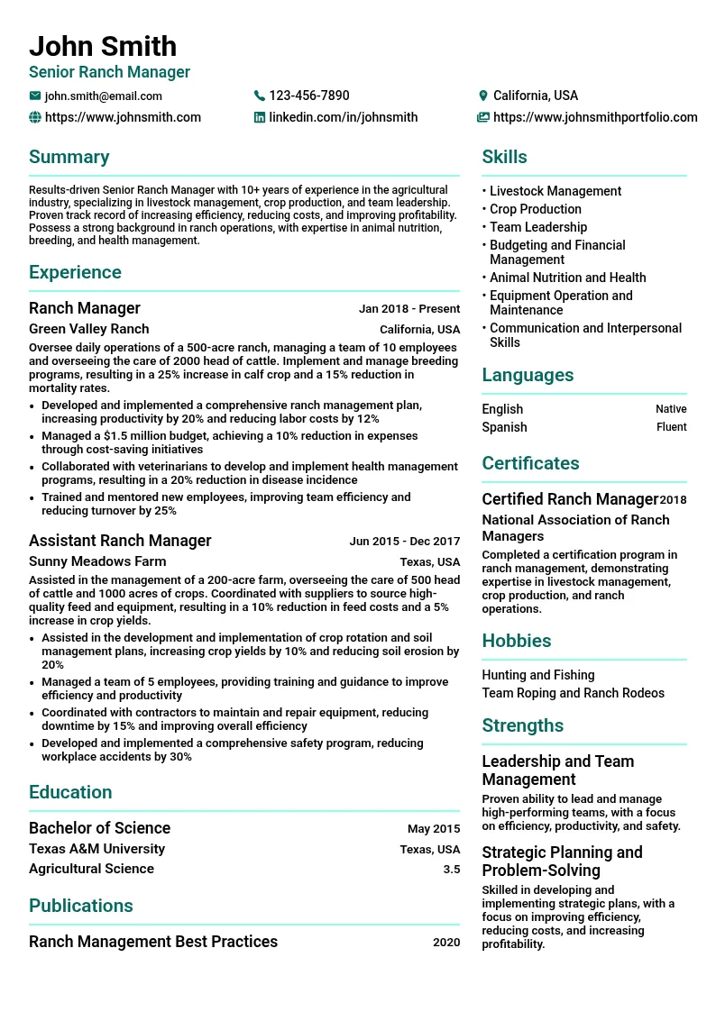 Senior Ranch Manager resume example