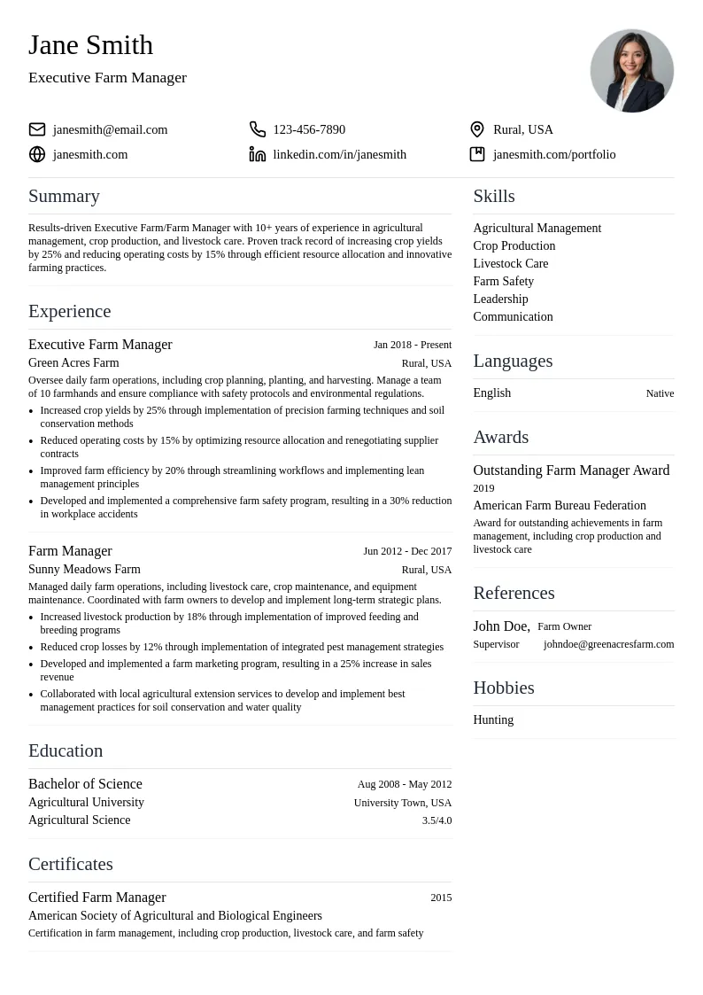Executive Farm/Farm Manager resume example