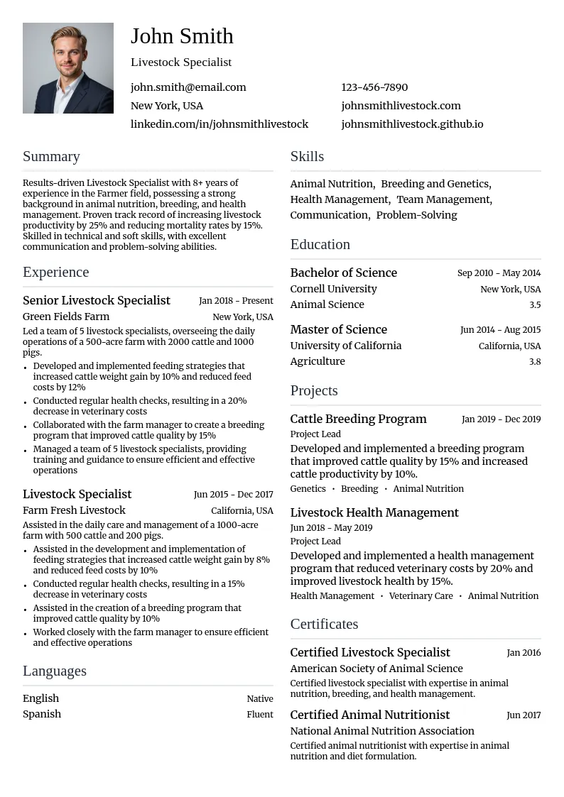 Livestock Specialist resume example