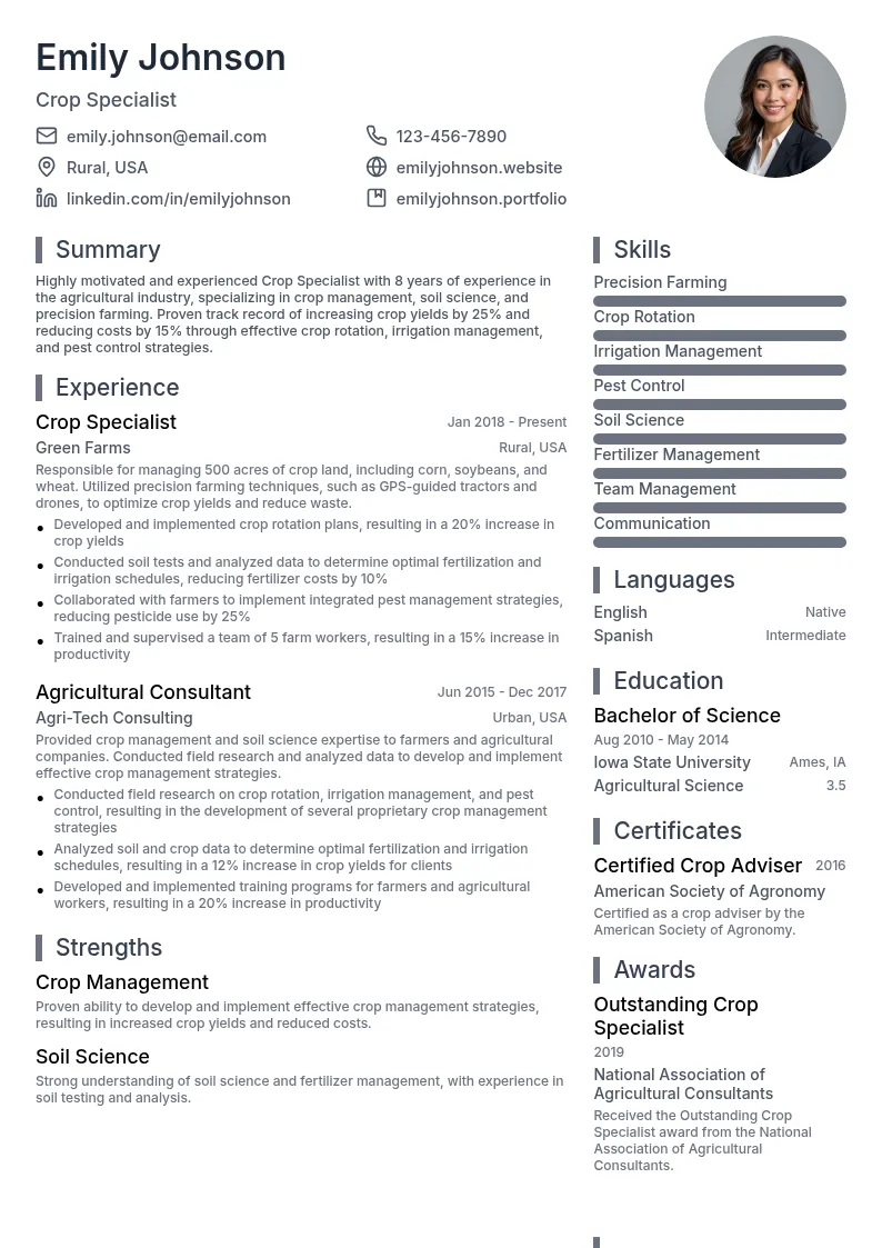 Crop Specialist resume example