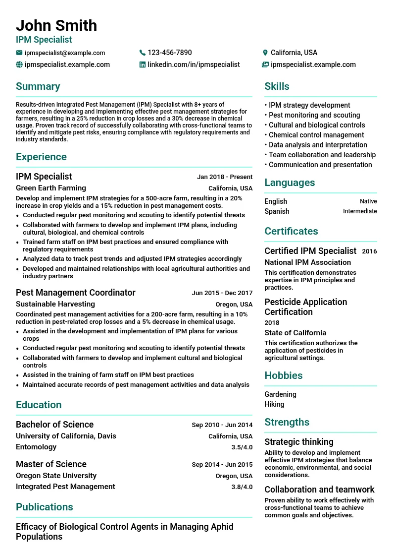Integrated Pest Management (IPM) Specialist resume example