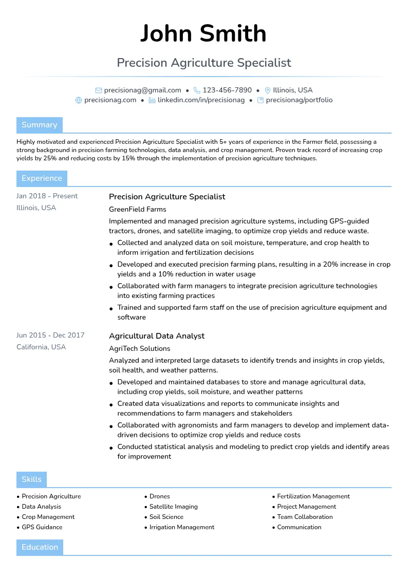 Precision Agriculture Specialist resume example