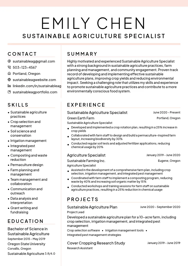 Sustainable Agriculture Specialist resume example