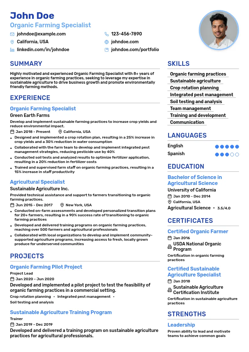 Organic Farming Specialist resume example