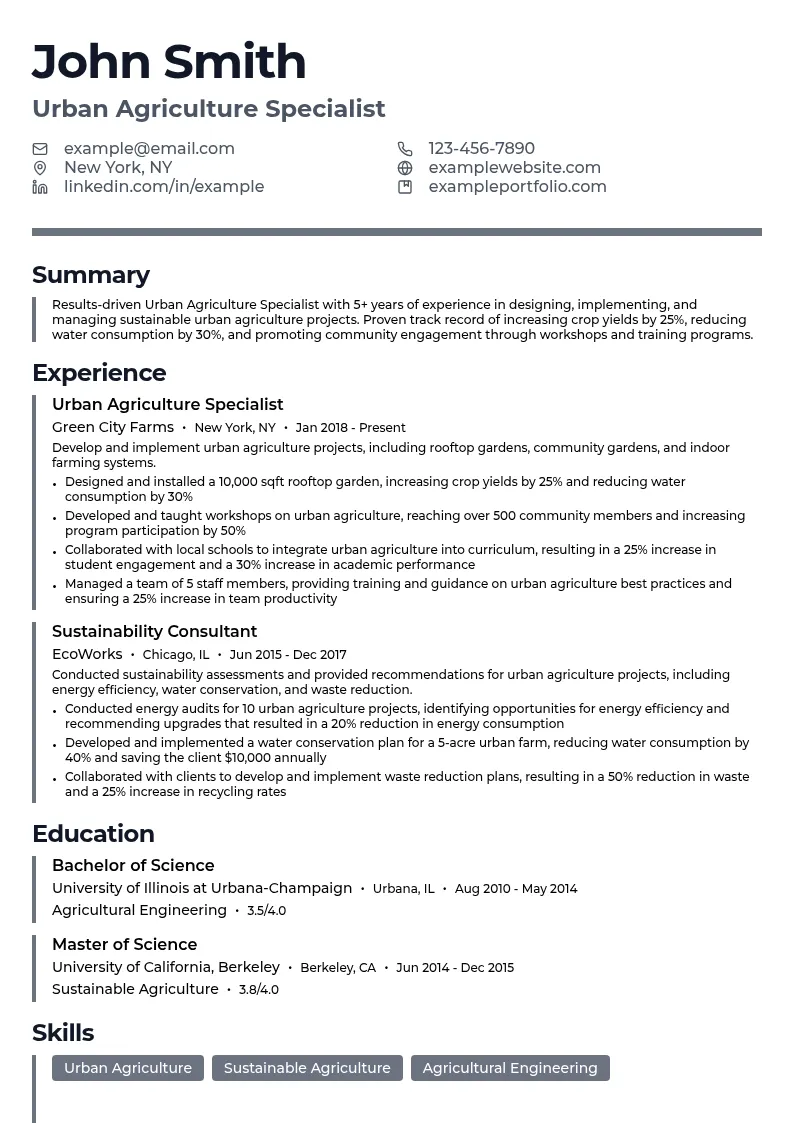 Urban Agriculture Specialist resume example