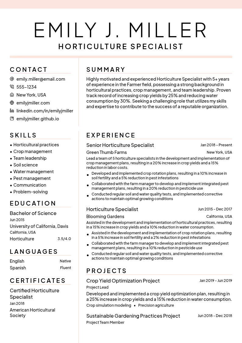 Horticulture Specialist resume example