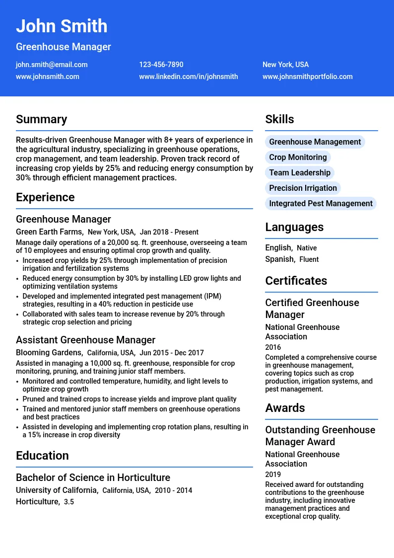 Greenhouse Manager resume example