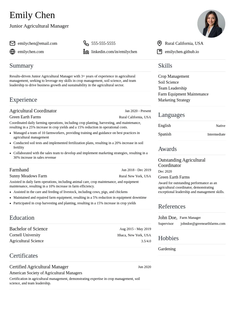 Junior Agricultural Manager resume example